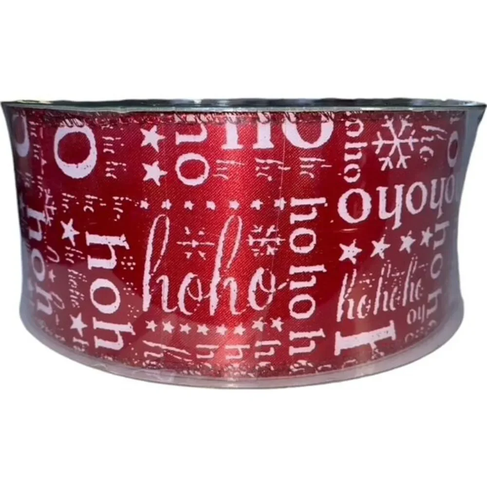 HO HO Red w/ White Accents 2.5‎ inch x 50 Yards, Premium Wired Ribbon NEW!